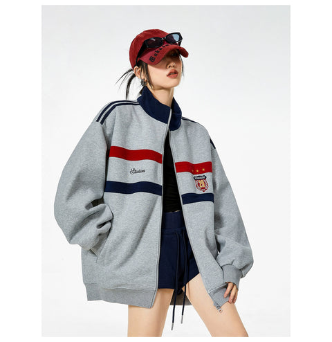 ICH MODE American Retro Cardigan Sweatshirt Women's Spring 2025 New Loose Pop Stand Collar Jacket Top